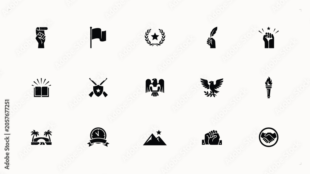Fototapeta premium Minimalist protest and freedom vector icons with raised fist flag and handshake symbols.