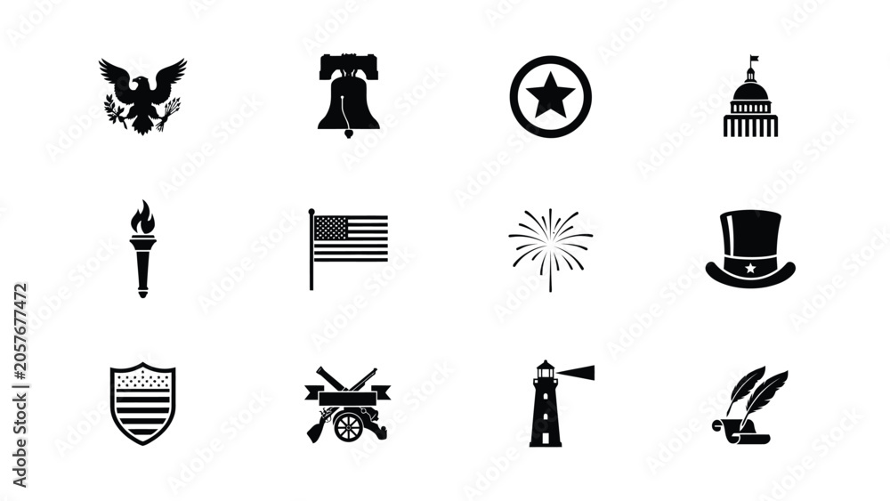 Obraz premium American independence day icons vector, patriotic symbols for national holiday celebration.