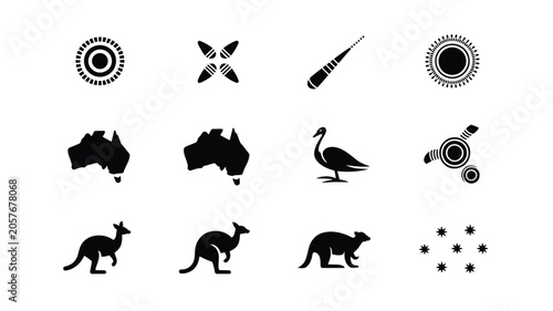 Foto Australian themed symbols kangaroo, emu, boomerang, map, black swan and aboriginal art