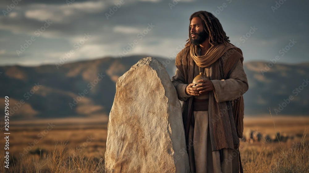 Naklejka premium Jacob Consecrates the Stone at Dawn, Standing in Open Country with Oil in His Hand Beneath the Vast Sky After Receiving a Divine Vision
