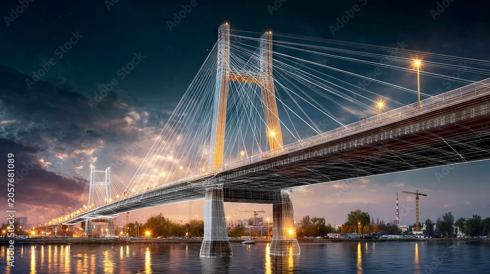 Obraz premium Illuminated modern cable stay bridge over calm water at dusk with city lights
