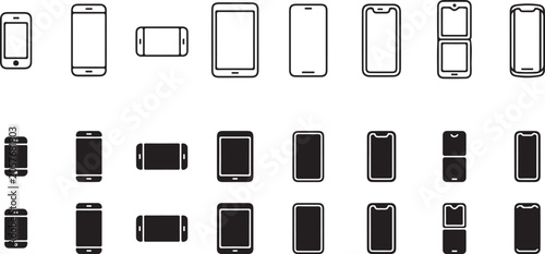 Bild auf Leinwand Outline and silhouette icons of various smartphones and mobile devices in differ
