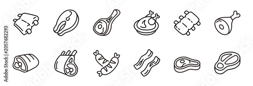 Meat and butcher icon line set. Beef, chicken, fish, sausage, steak, rib, fresh bbq food signs vector outline illustration