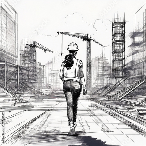Female engineer walking amidst urban construction site illustration