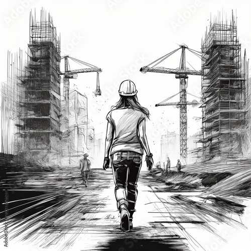 Female engineer walking across construction site progressing development