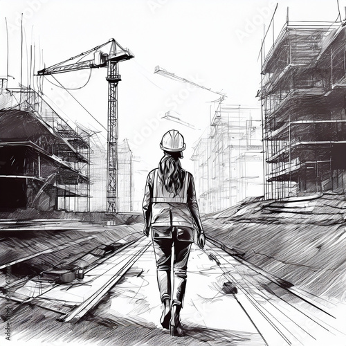Female engineer walking across active construction site