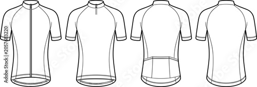Vector flat technical sketch of blank cycling jerseys with zipper options, front and back view, for apparel design template image_de0842.jpg.