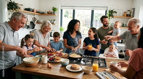 Happy multi-generational family cooking breakfast together at home