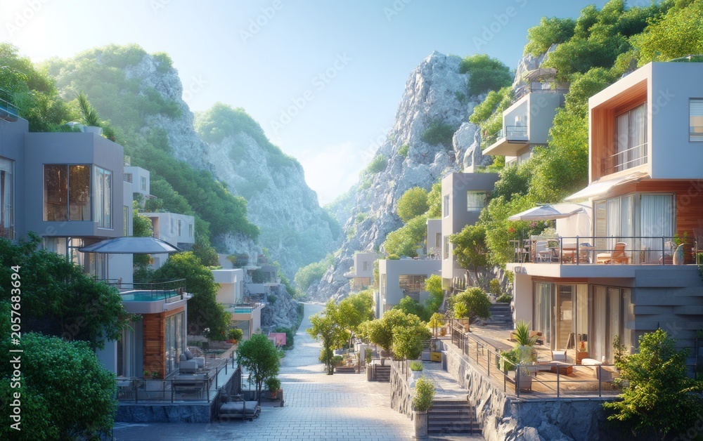Obraz premium Modern architecture luxury homes in mountain valley with green trees