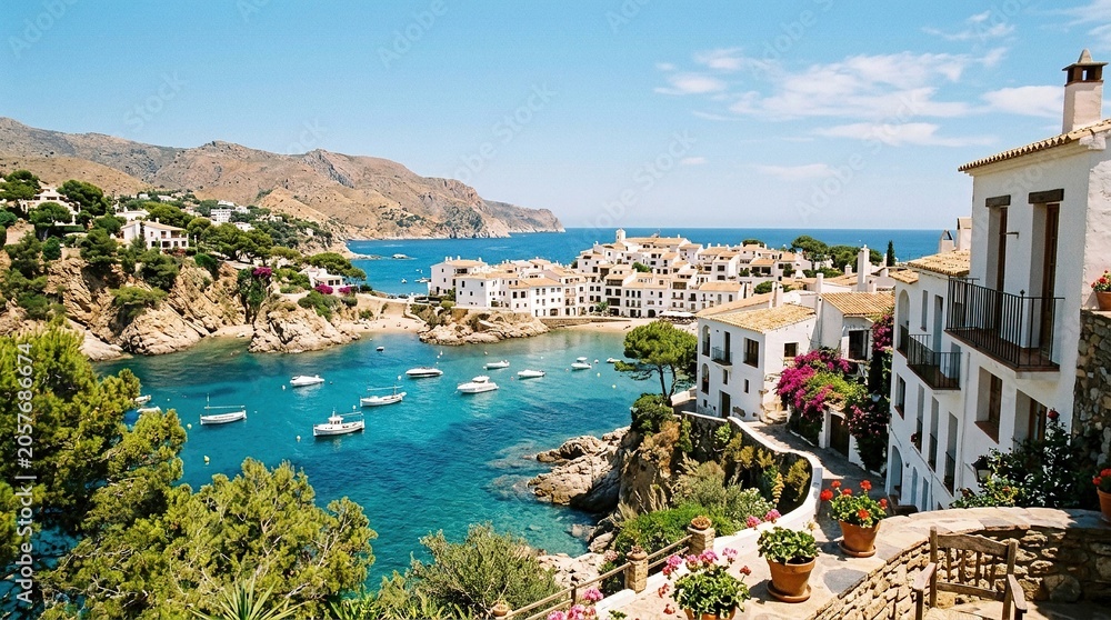 Fototapeta premium Coastal village with white houses overlooking turquoise sea and rocky cliffs in sunny Mediterranean landscape