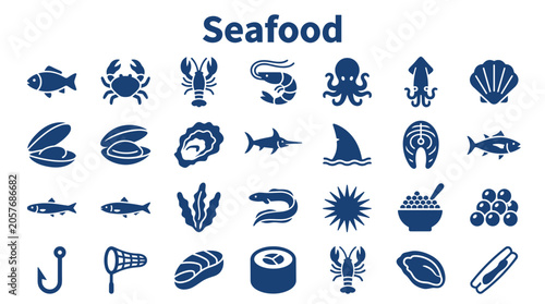 Photography Collection of diverse seafood icons and illustrations representing various ocean
