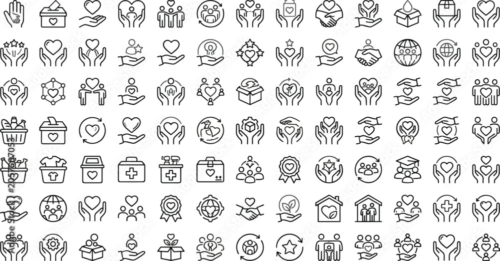 Obraz premium Generative AI vector illustration of charity donation and community volunteering line icon set featuring hearts helping hands and support symbols
