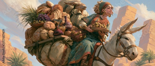 Abigail rides a donkey bearing a generous feast of bread, wine, and figs toward David in the desert, a photorealistic depiction of ancient biblical hospitality and peacemaking