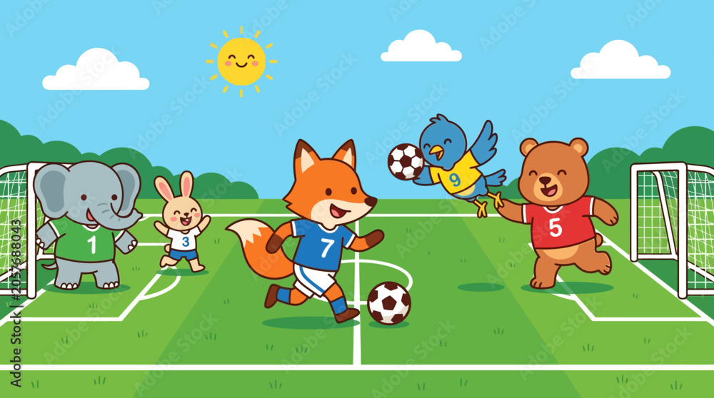 Fototapeta premium Cute animal soccer match, sun, clouds, green field, teams playing football game