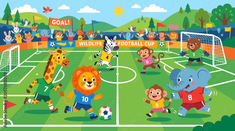 Naklejka premium Cute Animals Play Football Match - Wildlife Soccer Game