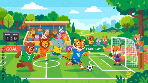 Cute Animal Football Game in Park, Kids Team Playing Soccer Match