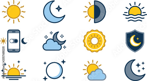 Tableau sur toile Day and Night Mode Icon Set with Sun Moon Light Dark Toggle Switcher Symbols for