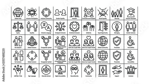 Collection of diverse inclusive icons representing equality and accessibility concepts