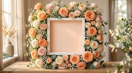 Frame decorated with peach roses on rustic wooden table