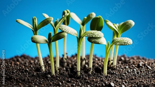 Time-lapse of seeds sprouting and growing in fertile soil with a vibrant blue background, showcasing plant growth.