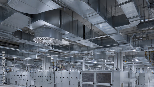 Clean industrial ventilation system with ceiling ducts and air handling equipment inside modern factory facility