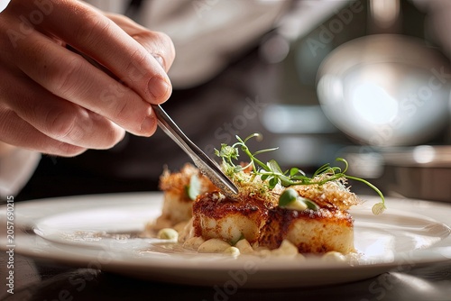 Chef meticulously garnishes a plate of seared scallops with delicate microgreens, showcasing culinary artistry and fine dining presentation.