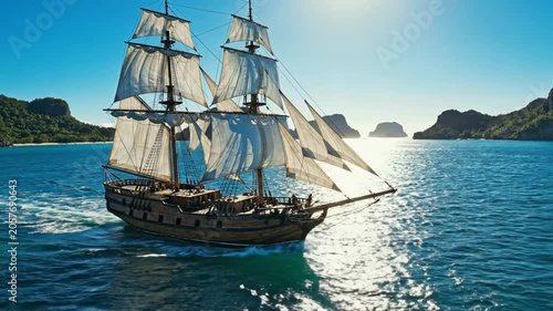 Wooden sailing ship with billowing white sails moves across a sparkling ocean on a sunny day