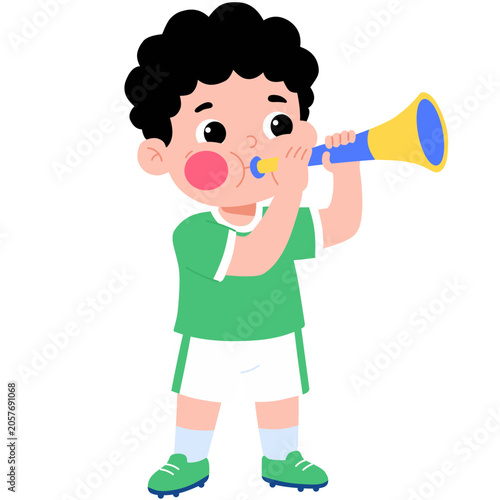 Boy Cheers with a Vuvuzela Horn for Soccer Match