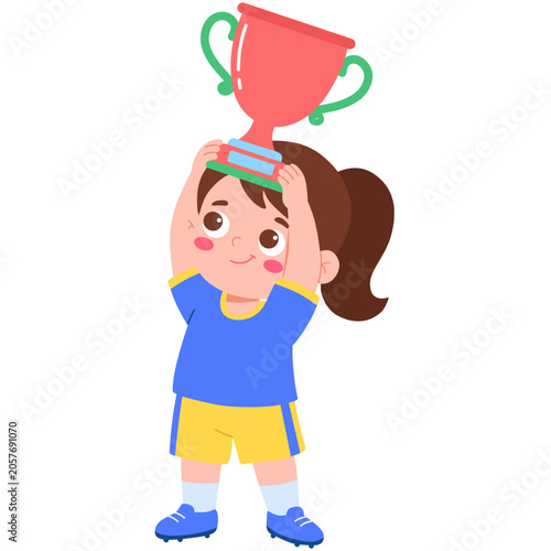 Young Girl Celebrates Winning Trophy with Joy