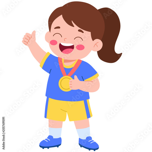 Happy Girl Wins Soccer Championship Showing Thumbs Up and Medal