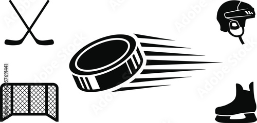 Ice hockey sports equipment vector icon set featuring flying fast puck crossed sticks goal net helmet and ice skate shoe silhouettes