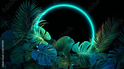 Abstract tropical composition with glowing neon ring surrounded by lush botanical foliage. Modern luxury background with vibrant lighting effect.