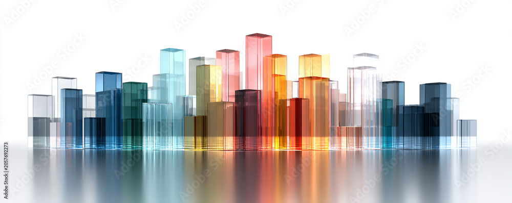 Obraz premium Abstract 3D glass towers forming skyline icon, luxury metallic gradient, white background, 32k