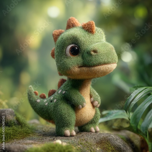 Cute Baby Dinosaur Character in Forest Environment. Cute fantasy creature with big eyes, textured skin and friendly expression.