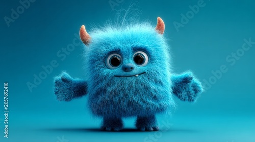 Cute blue color furry monster 3D cartoon character