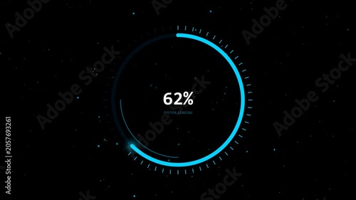 A futuristic circular progress bar displays 62 percent on a dark screen with blue accents.