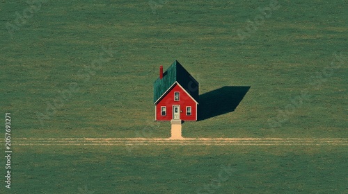Minimalist aerial view of a small white house with red roof standing alone in large green field. Solitude, rural living, home ownership, peaceful countryside simple lifestyle. Geometric composition