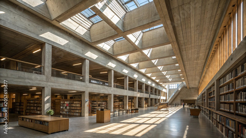Modern Brutalist Library Interior with Skylights