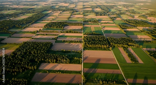 Top Down Drone Landscape Showing Mosaic Pattern of Farmland and Forest from Above