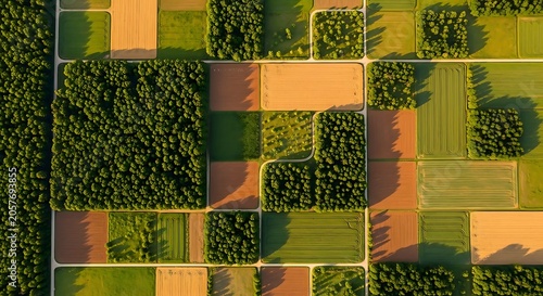 Top Down Drone Landscape Showing Mosaic Pattern of Farmland and Forest from Above