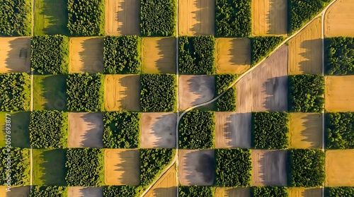 Top Down Drone Landscape Showing Mosaic Pattern of Farmland and Forest from Above