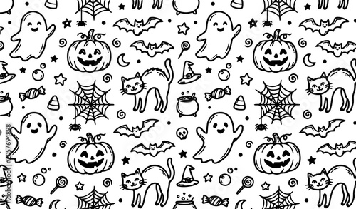 Foto Minimal Halloween Ghost and Pumpkin Seamless Pattern Vector Illustration