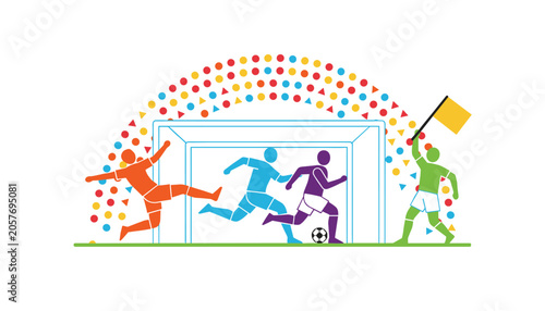 Soccer goal scene with players running, referee holding flag, colorful confetti background, dynamic motion, flat graphic illustration of sports match.