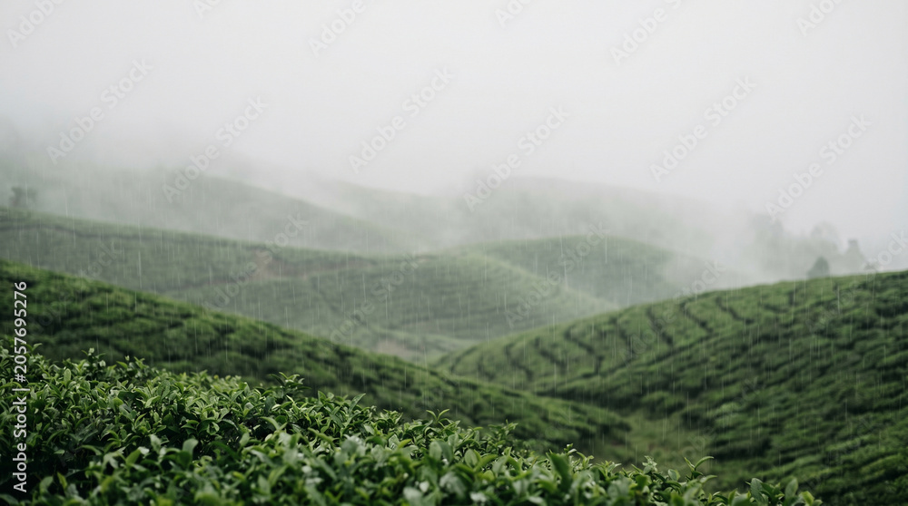 Obraz premium Lush Green Tea Plantation Hills in Misty Monsoon Rain