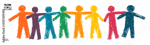 Bild auf Leinwand Illustration of diverse people in rainbow colors holding hands in unity, representing community, diversity, and friendship
