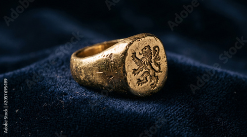 Heavy antique golden signet ring with lion crest on dark blue velvet