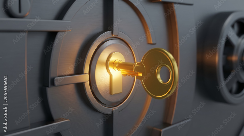 Fototapeta premium Glowing gold skeleton key entering a maze keyhole on a steel vault door, representing financial solutions and unlocking market potential.