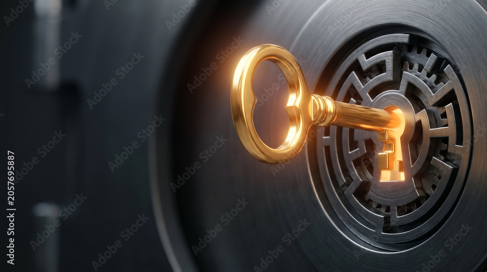 Fototapeta premium Glowing gold skeleton key entering a maze keyhole on a steel vault door, representing financial solutions and unlocking market potential.