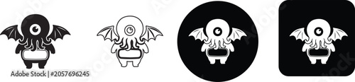 Foto Cute cartoon cthulhu monster icon set with bat wings and tentacles