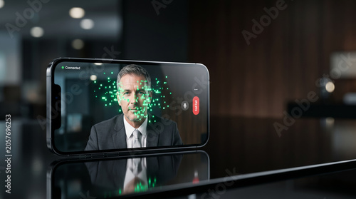 Smartphone displaying a pixelated video call on a dark desk, representing deepfake technology, identity theft, and corporate cyber threats.